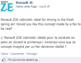 La Zoé cabriolet plaît aux internautes facebook de Renault ZE