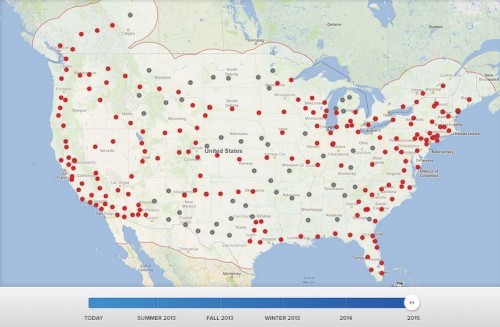 Les stations de recharge rapide Tesla couvriront 98 % des Etats-Unis en 2015
